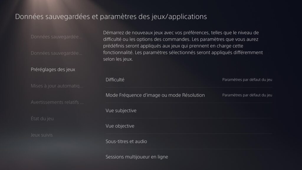 Menu Préréglages des jeux de la PS5 avec l'option Mode Fréquence d'image ou mode Résolution