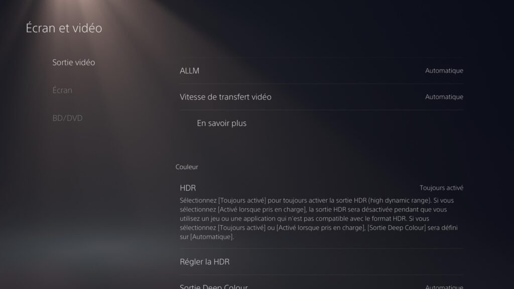 Suite du menu Sortie vidéo de la PS5 : ALLM, vitesse de transfert vidéo et explication du réglage HDR