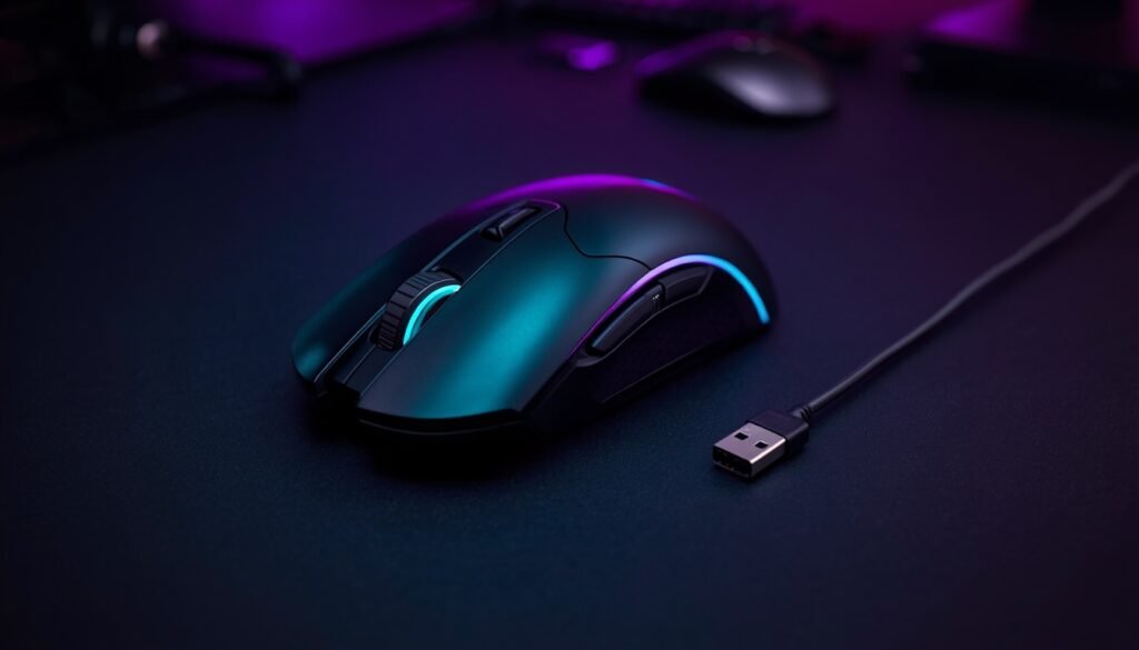 Souris gaming sans fil posée sur un tapis sombre, à côté d’un câble USB