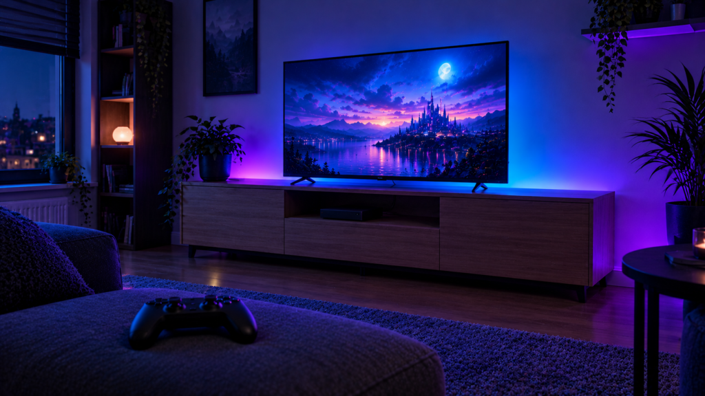 Salon tamisé éclairé de violet et de cyan, avec une télé sur un meuble bas, une console noire dessous et une manette posée sur le canapé