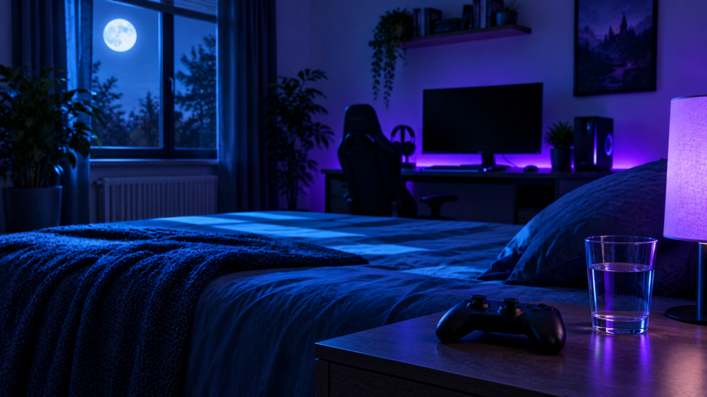 Chambre plongée dans la pénombre, éclairée par la lune, avec un bureau gaming éteint au fond et une manette posée sur la table de chevet à côté d’un verre d’eau